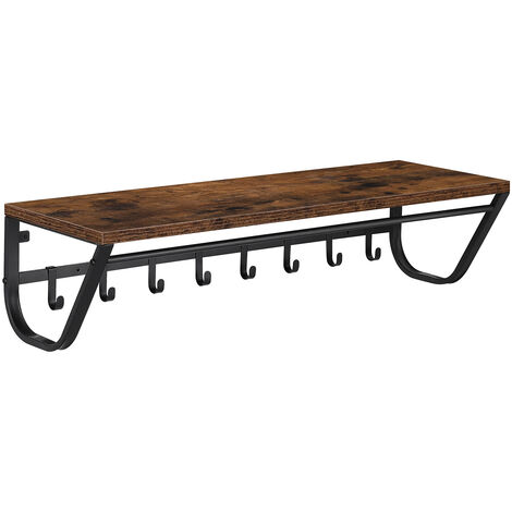 Porte-Manteau Mural avec étagère de Rangement, Tringle et 8 Crochets, Cadre en métal Noir, Style Industriel Vintage, pour Entrée, Couloir, Chambre, Salle de Bains, Salon - Brun et Noir (1/5)
