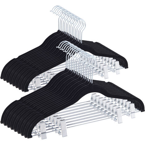 Set de 20 cintres en velours avec pinces, cintres avec pinces pour jupes, pantalons, pour dames ou messieurs, crochet en métal, noir (1/5)