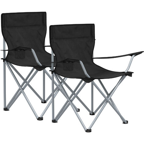 Lot de 2 chaises de camping pliables, chaises pliantes pour l'extérieur, confortables, avec accoudoirs et porte-gobelets, cadre stable, capacité de charge de 120 kg - Noir (1/5)