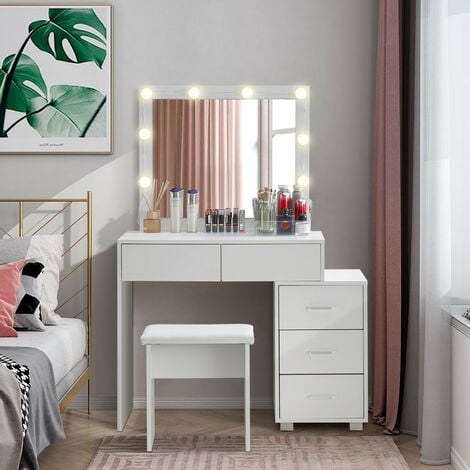 Coiffeuse avec Miroir à lumière LED et Tabouret Rembourré, 5 Tiroirs avec Ampoules de style Hollywood et Table de Chevet