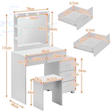 Coiffeuse avec Miroir à lumière LED et Tabouret Rembourré, 5 Tiroirs avec Ampoules de style Hollywood et Table de Chevet
