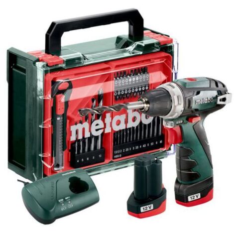 Metabo – Perceuse-visseuse sans fil 12V avec 2 batteries 2.0Ah – Couple max 34Nm pour perçage acier et bois – Coffret avec 41 accessoires