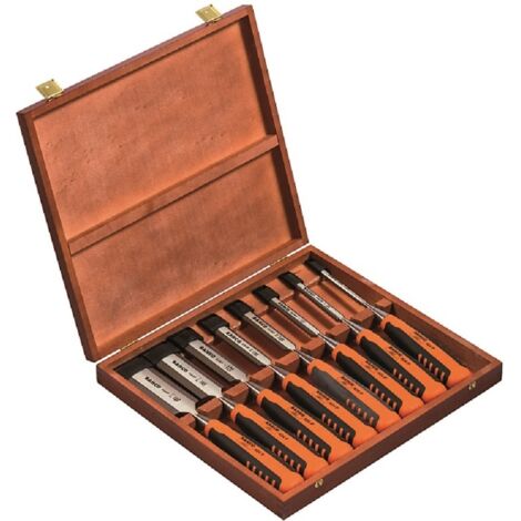 Bahco – Ciseaux à bois Ergo 8 pièces – Coffret en bois avec capuchons de protection – Lames meulées pour coupe précise – Dimensions 6 à 36 mm