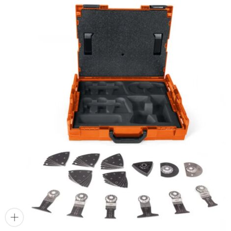 Fein – Coffret multi-outils 10 pièces – Lames bi-métalliques pour bois dur et stratifié – Plateau de ponçage avec 25 papiers abrasifs – 33903750010