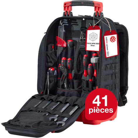 Wiha Sac à dos à outils pour mécaniciens 41 pièces I Avec équipement de base pour mécaniciens I Fond de rangement stable I Avec compartiment pour ordinateur portable I Trousses pour accessoires (45529