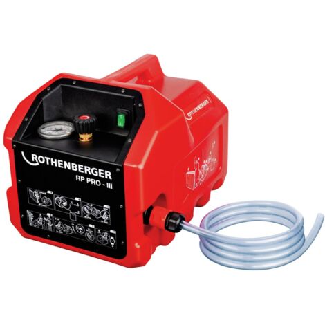 Rothenberger – Pompe d'essai électrique RP Pro III – Auto-aspirante jusqu'à 40 bar – Débit 0-6 l/min – Manomètre à glycérine pour lecture précise