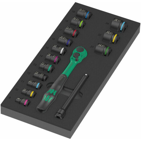 Wera – Set de 16 pièces douilles et cliquet 3/8' – Douilles de 8 à 24 mm – Angle de reprise 4,5° – Technologie Impaktor pour durabilité