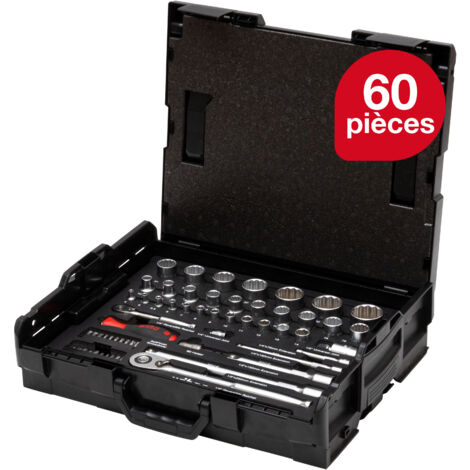 Wiha – Coffret cliquet et douilles 60 pces 1/4" et 1/2" – 44685 – Clé réversible avec rallonge – Douilles pour vis profondes – L-Boxx (1/5)
