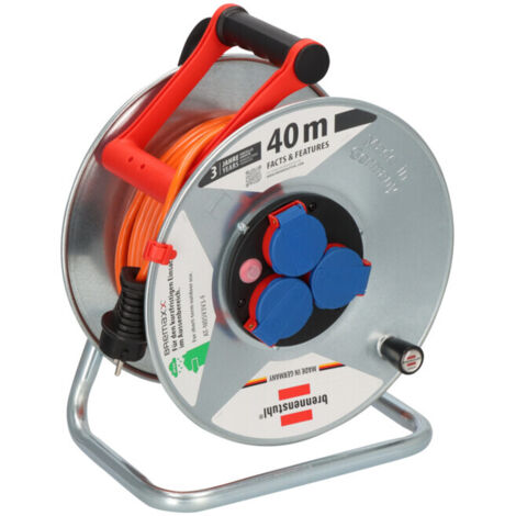 Brennenstuhl – Enrouleur électrique 40m – 3 prises de courant IP44 – Câble Bremaxx résistant aux UV et à l'huile – Pour extérieur – Tôle d'acier galvanisée