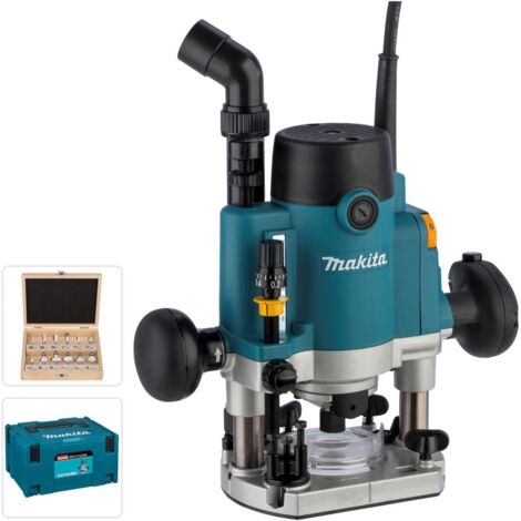 Makita – Défonceuse 1100W avec vitesse réglable 8000-27500 min⁻¹ – Profondeur d'immersion 0-57mm – Pour bois dur et plastique – Set de 12 fraises