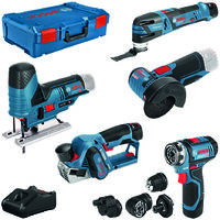 Bosch – Pack de 5 outils électroportatifs 12V – Perceuse-visseuse GSR, scie sauteuse GST, meuleuse GWS, rabot GHO, multi-cutter GOP – 3 batteries 2.0Ah et 1x 3.0Ah