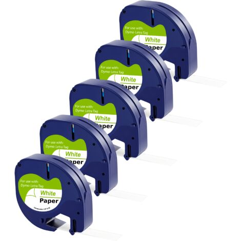 Lot de 5 rubans blancs compatibles Dymo LetraTag – Étiquettes papier 91200 – Largeur 12mm – Longueur 4m pour étiquetage précis