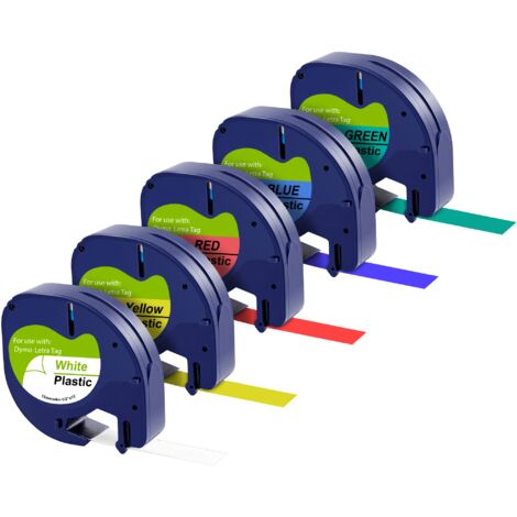 Lot de 5 rubans d'étiquettes plastiques 12mm x 4m – Blanc, bleu, jaune, rouge, vert – Compatible Dymo LetraTag – Étiquetage précis