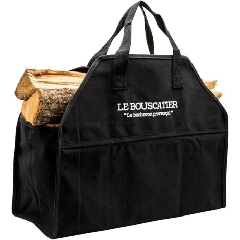 Sac de transport bois de chauffage, robuste et résistant pour bûches - 60x46x26cm de 50L. Panier multi usage extra large, accessoire pour poêle, cheminée insert ou brasero barbecue -Noir