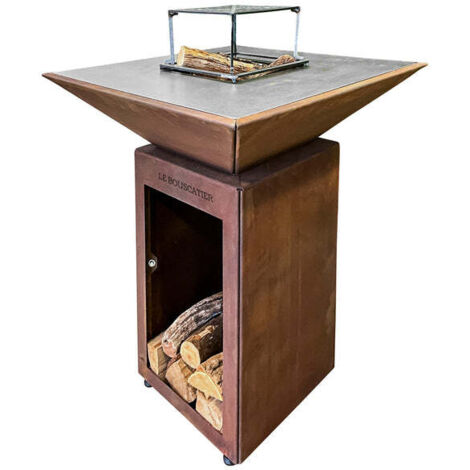 Brasero plancha en acier corten – Barbecue extérieur avec rangement bûches – Foyer 2mm avec tirage d'air – Surface cuisson 0,31 m² – Hauteur 76 cm
