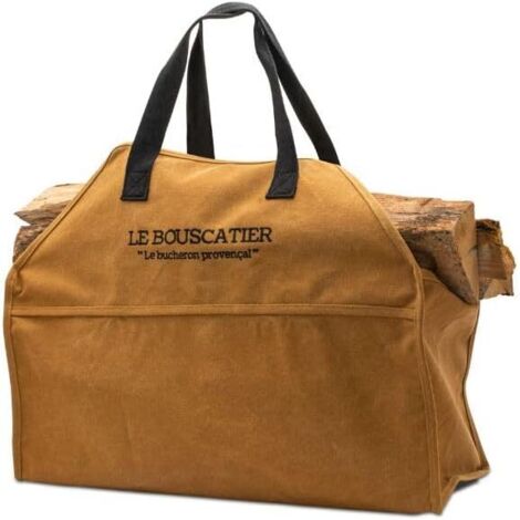 Sac de transport bois de chauffage, robuste et résistant pour bûches - 60x46x26cm de 50L. Panier multi usage extra large, accessoire pour poêle, cheminée insert ou brasero barbecue - Marron