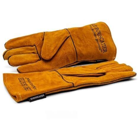 Paire de Gants camel de sécurité anti chaleur en cuir avec doublage intérieur pour poêle à bois, cheminée, barbecue, brasero et soudage. Résistant au feu, la soudure, le four, la cuisine Marron