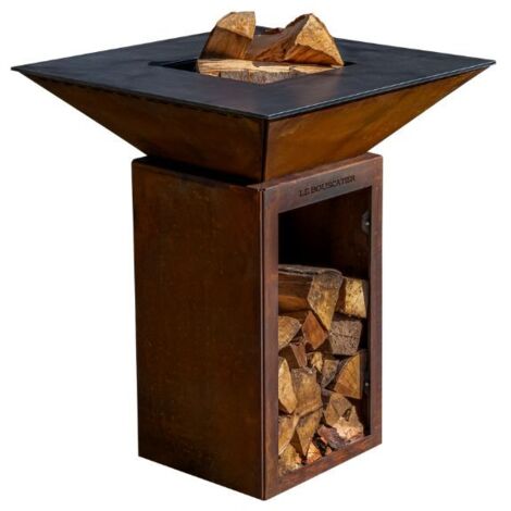Brasero plancha en acier corten – Barbecue extérieur 74x74x90 cm avec rangement bûches – Grille de cuisson et stop food inclus