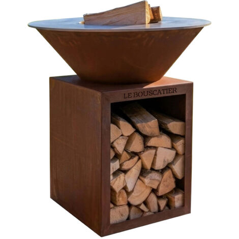 Lou Bouscarian rond ⌀ 74cm - Brasero plancha rond en acier corten avec rangement bûches - grille et stop food inclus