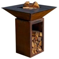 Brasero plancha en acier corten – Barbecue extérieur 74x74x90 cm avec rangement bûches – Grille de cuisson et stop food inclus