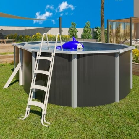 Trigano – Piscine hors sol ovale en acier galvanisé 4,90 x 3,65 x 1,32 m – Couleur anthracite – Système de filtration Aqualoon® – Échelle antidérapante