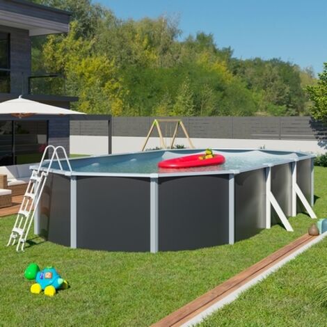 Trigano – Piscine hors sol ovale 7,60 x 4,55 x 1,32 m en acier galvanisé – Couleur anthracite – Liner haute résistance 42/100ème – Système de filtration Aqualoon