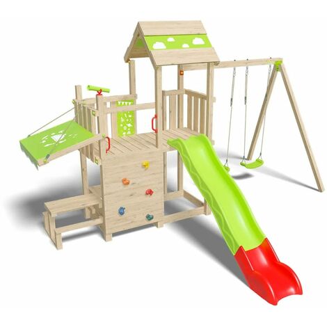 Trigano – Aire de jeux en bois 2,20 m SNACK XPRESSION – Double plateforme 1,20 m – Zone cuisine avec évier et dinette – 12 enfants