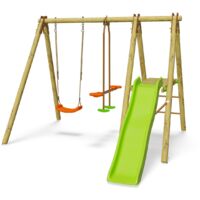 Trigano – Balançoire en bois 1,90 m pour 4 enfants – Structure traitée classe IV – Toboggan de 1,73 m – Installation simplifiée avec mousquetons