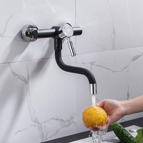 ONECE Grifo de Pared para Cocina Negro, Grifos Cocina Monomando Fregadero Giratorio a 360​°, Aireador Extraíble, Agua Fría y Caliente, Acero Inoxidable 304, Diseño de Silicona Anti Escaldado
