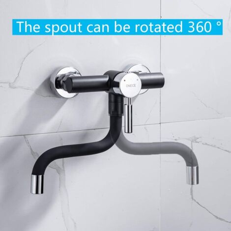 ONECE Grifo de Pared para Cocina Negro, Grifos Cocina Monomando Fregadero Giratorio a 360​°, Aireador Extraíble, Agua Fría y Caliente, Acero Inoxidable 304, Diseño de Silicona Anti Escaldado