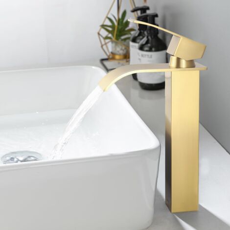 ONECE Grifo Lavabo de Cascada Alto, Grifo Lavabo Oro de Encimera, Grifos Mezclador de Baño de Acero Inoxidable 304, Grifo Monomando de Lavabo Caño Alto, Agua Fría y Caliente, Sin Plomo, Oro Cepillado