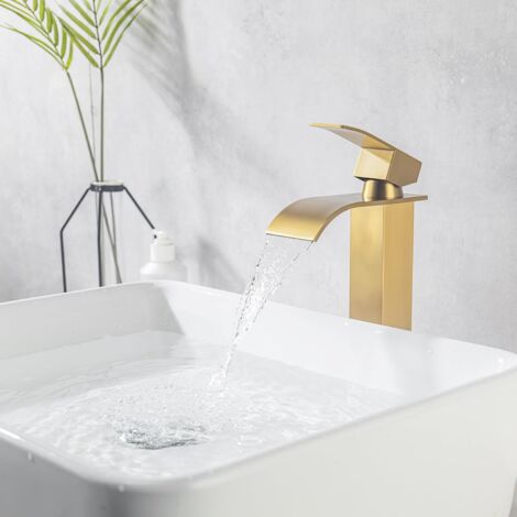 ONECE Grifo Lavabo de Cascada Alto, Grifo Lavabo Oro de Encimera, Grifos Mezclador de Baño de Acero Inoxidable 304, Grifo Monomando de Lavabo Caño Alto, Agua Fría y Caliente, Sin Plomo, Oro Cepillado