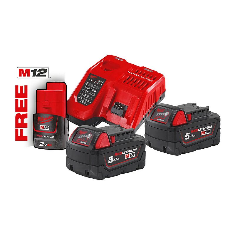 Kit NRG MILWAUKEE 2 Batteries 18V 5Ah + 1 Batteries 12V 2Ah Red Lithium + chargeur rapide