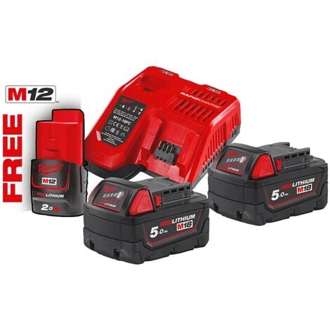 Kit NRG MILWAUKEE 2 Batteries 18V 5Ah + 1 Batteries 12V 2Ah Red Lithium + chargeur rapide