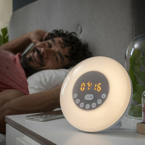 Réveil lumineux rechargeable avec enceinte Bluetooth – Simulation de lever du soleil – 12 sons d'alarme – Dimensions Ø16 x 9 cm – Innovagoods (1/5)