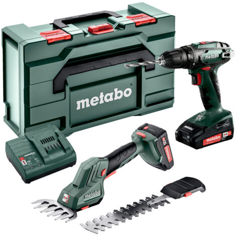 Set combo Metabo 2.2.5 18V trapano avvitatore a batteria BS + forbici per erba SGS LTX Q con batterie + caricabatterie in metaBox