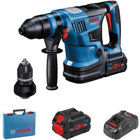 Martello rotativo a batteria Bosch BITURBO GBH 18V-34 CF con 2 batterie ProCore da 8,0 Ah + caricabatterie