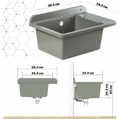GOSPO Gootsteen van polypropyleen, 50,4 x 34 x 26,5 cm, spoelbak met kraan, sifon en montageset, wastafel, wasbak, huishoudspoelbak (grijs