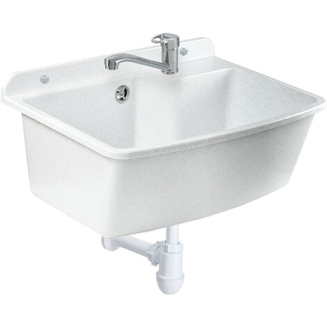 GOSPO Ausgussbecken mit stehende Armatur, Waschbecken 61 cm x 44 cm x 23,5 cm, Waschtrog mit Überlau