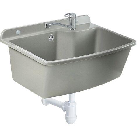GOSPO Ausgussbecken mit stehende Armatur, Waschbecken 61 cm x 44 cm x 23,5 cm, Waschtrog mitüberlauf