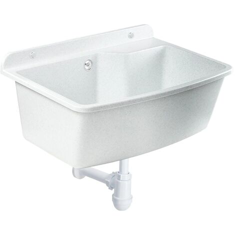 GOSPO Ausgussbecken, 61x44x23.5 cm, aus Kunststoff, Waschtrog, Siphon, Weiß/Grau