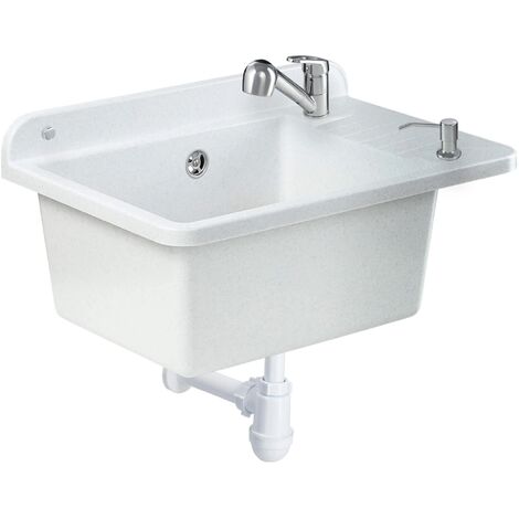 GOSPO Ausgussbecken aus Polypropylen, 50,5 x 34 x 26,5 cm, Spülbecken mit Armatur, Siphon, Seifenspe