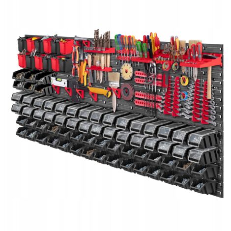 KADAX Grande étagère Murale à Outils, système de Stockage 174 x 78 cm, en Plastique Robuste, système modulaire résistant aux UV, plaques murales Extensibles, étagère d'atelier (Noir, 135 pièces