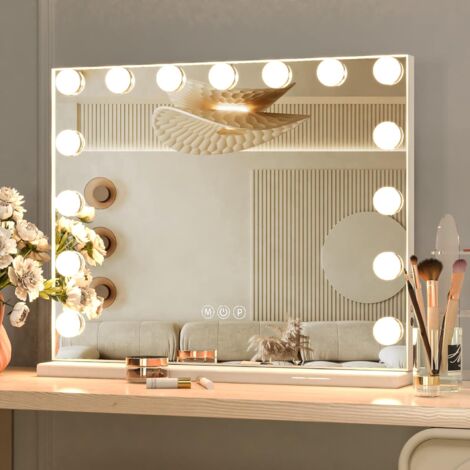 CASSILANDO Specchio per trucco Hollywood  con 15 lampadine LED, 3 modalità di illuminazione a colori, luminosità regolabile, porta USB, controllo Smart Touch