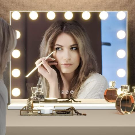 CASSILANDO Specchio per trucco Hollywood  con 15 lampadine LED, 3 modalità di illuminazione a colori, luminosità regolabile, porta USB, controllo Smart Touch