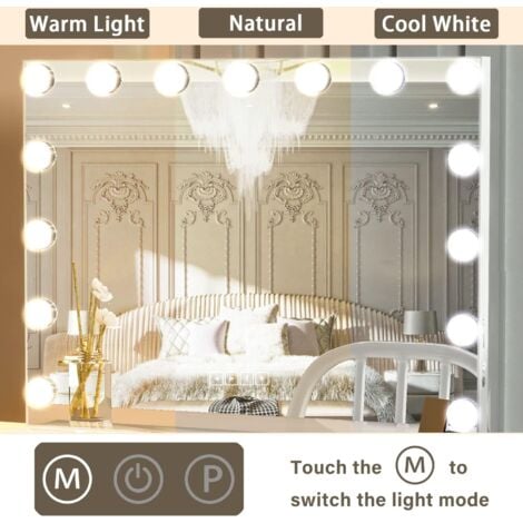 CASSILANDO Specchio per trucco Hollywood  con 15 lampadine LED, 3 modalità di illuminazione a colori, luminosità regolabile, porta USB, controllo Smart Touch