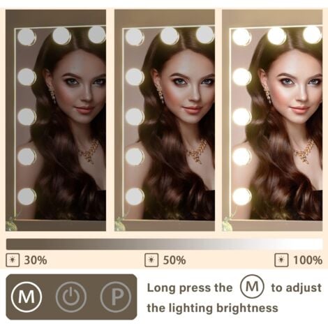 CASSILANDO Specchio per trucco Hollywood  con 15 lampadine LED, 3 modalità di illuminazione a colori, luminosità regolabile, porta USB, controllo Smart Touch