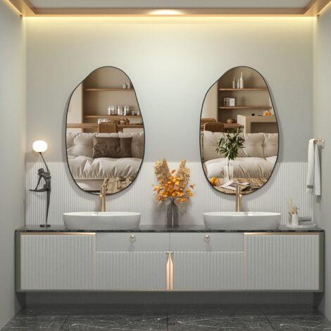 CASSILANDO Specchio da parete irregolare 85 x 52 cm, specchio asimmetrico da parete, specchio cosmetico unico in legno, specchio decorativo per soggiorno, bagno, camera da letto, ingresso, decorazione