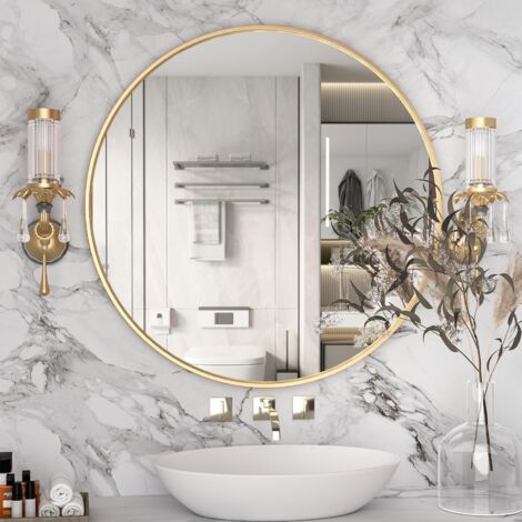 CASSILANDO Specchio Circolare Oro, Specchio da Parete Rotondo da 70 cm, Grande Specchio da Bagno, Specchio cosmetico a Parete sopra il Lavabo per Soggiorno, WC, Ingressi, Decorazione