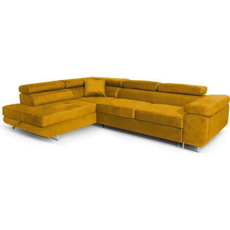 Ecksofa Aller L-form mit Schlaffunktion und Bettkasten in Gelb (Kronos 42), Links Ottomane